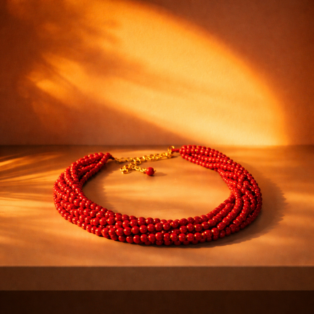 Elegant multi strand small coral beads necklace with handcrafted ethnic statement design