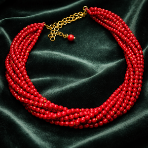 Elegant multi strand small coral beads necklace with handcrafted ethnic statement design