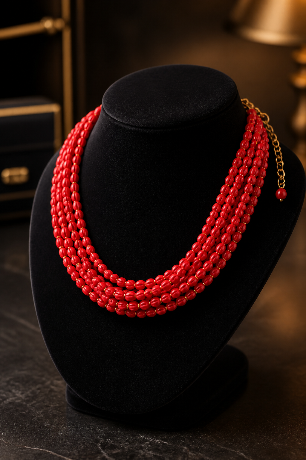 Elegant multi strand small coral beads necklace with handcrafted ethnic statement design