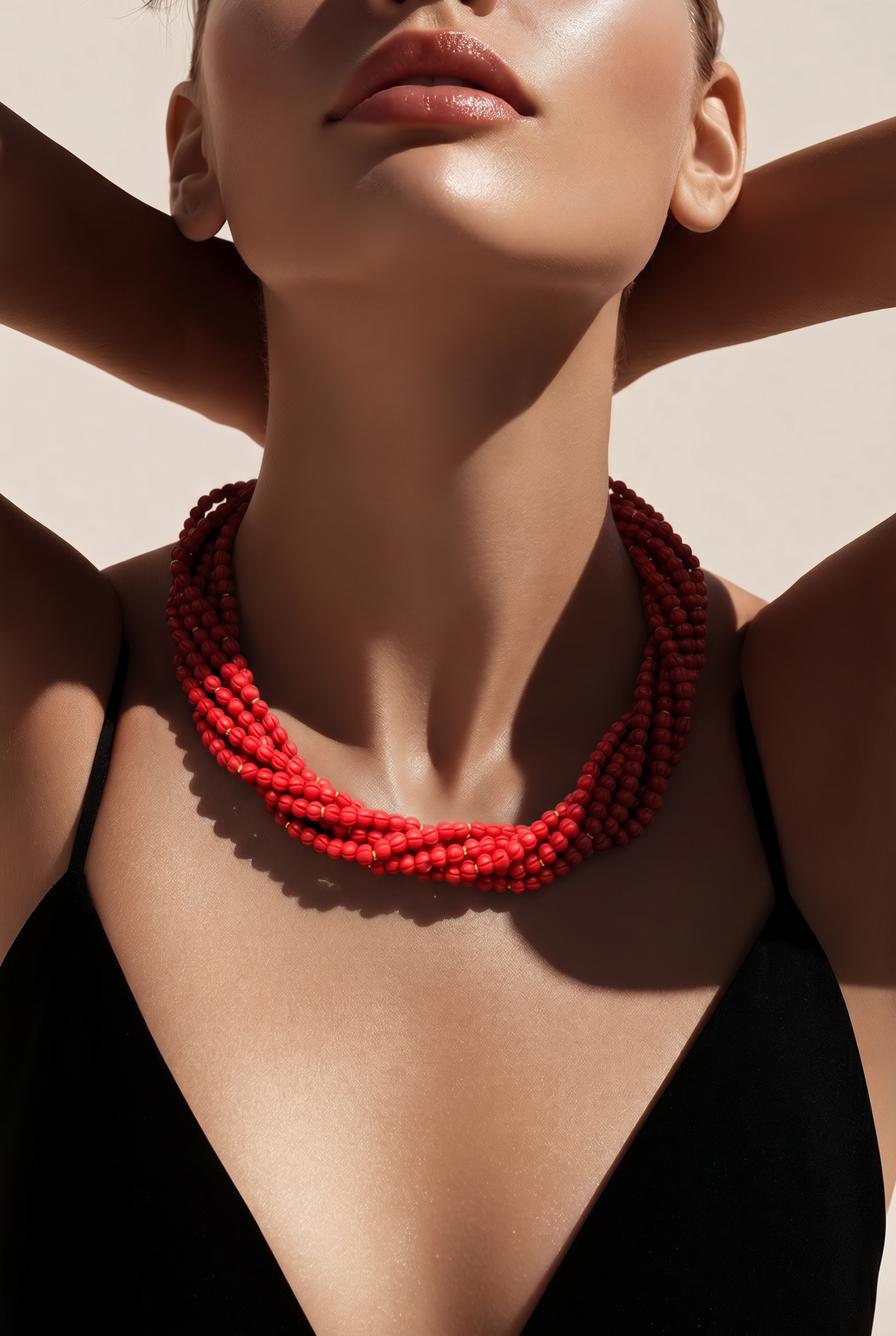 Elegant multi strand small coral beads necklace with handcrafted ethnic statement design