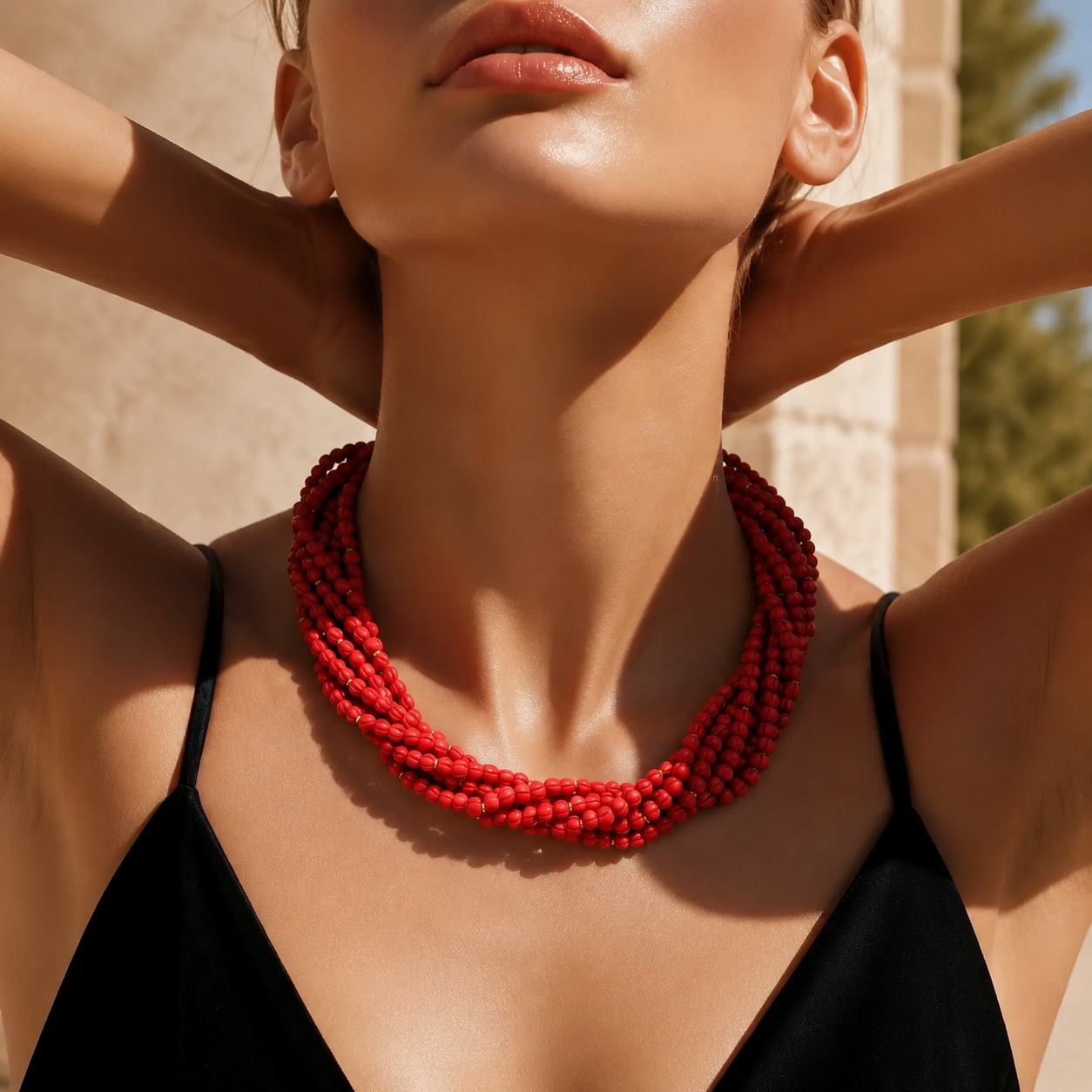 Elegant multi strand small coral beads necklace with handcrafted ethnic statement design