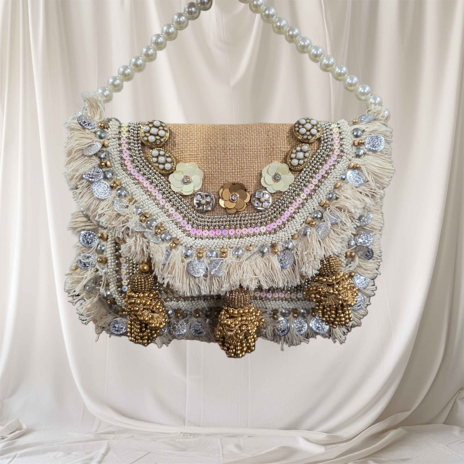 Floral Fringe Gold White Bag
