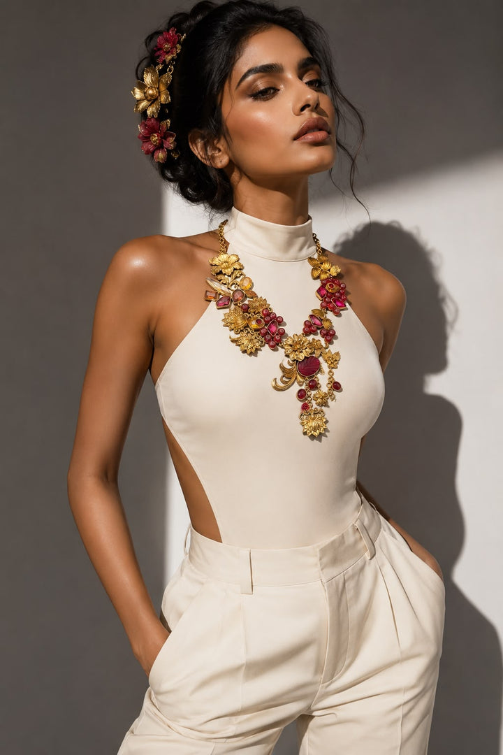Flower Motif Swarovski Stone Necklace