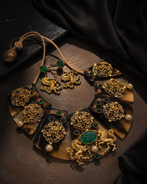Gold motif Green Stone Resin Necklace Set
