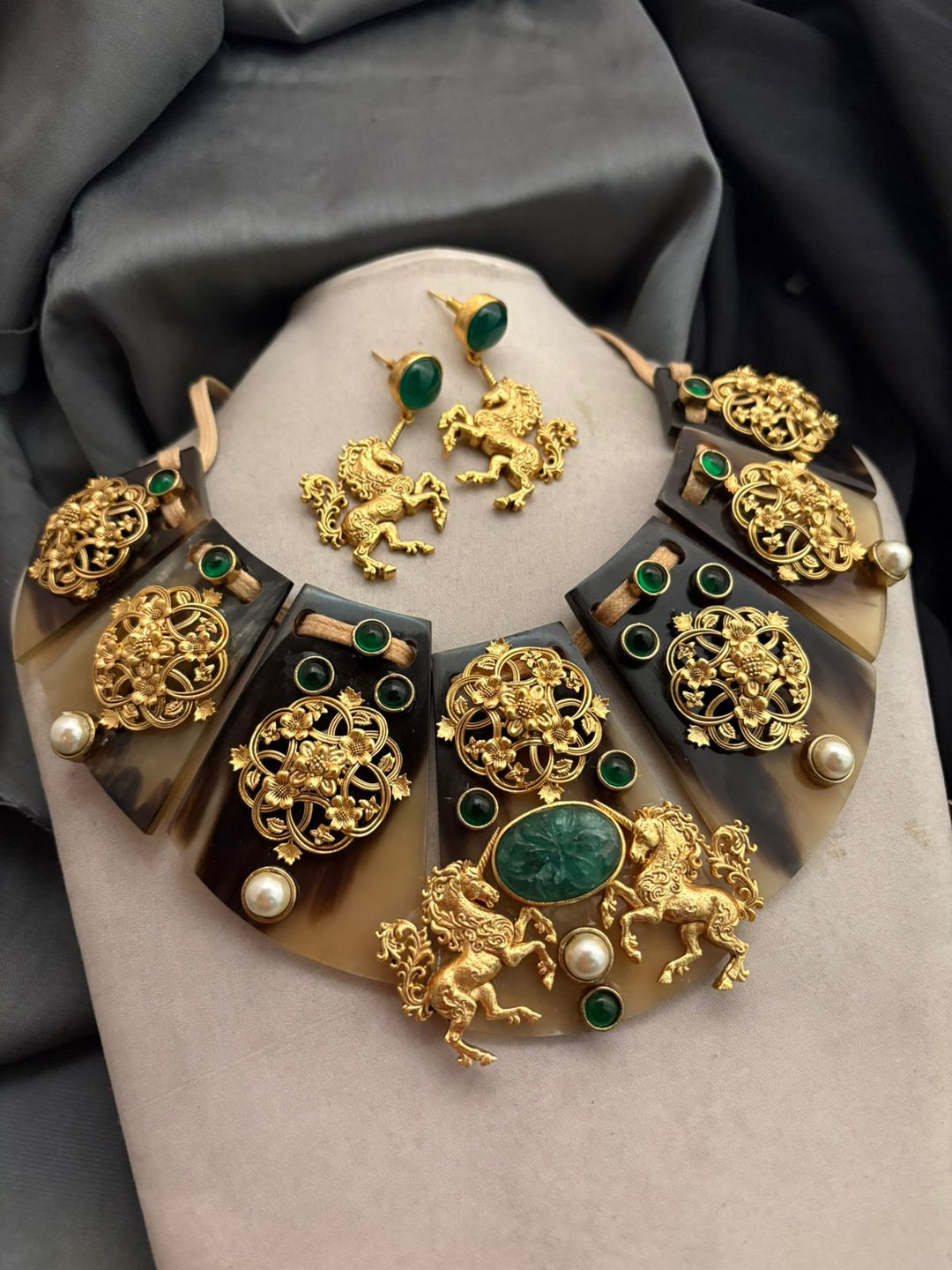 Gold motif Green Stone Resin Necklace Set