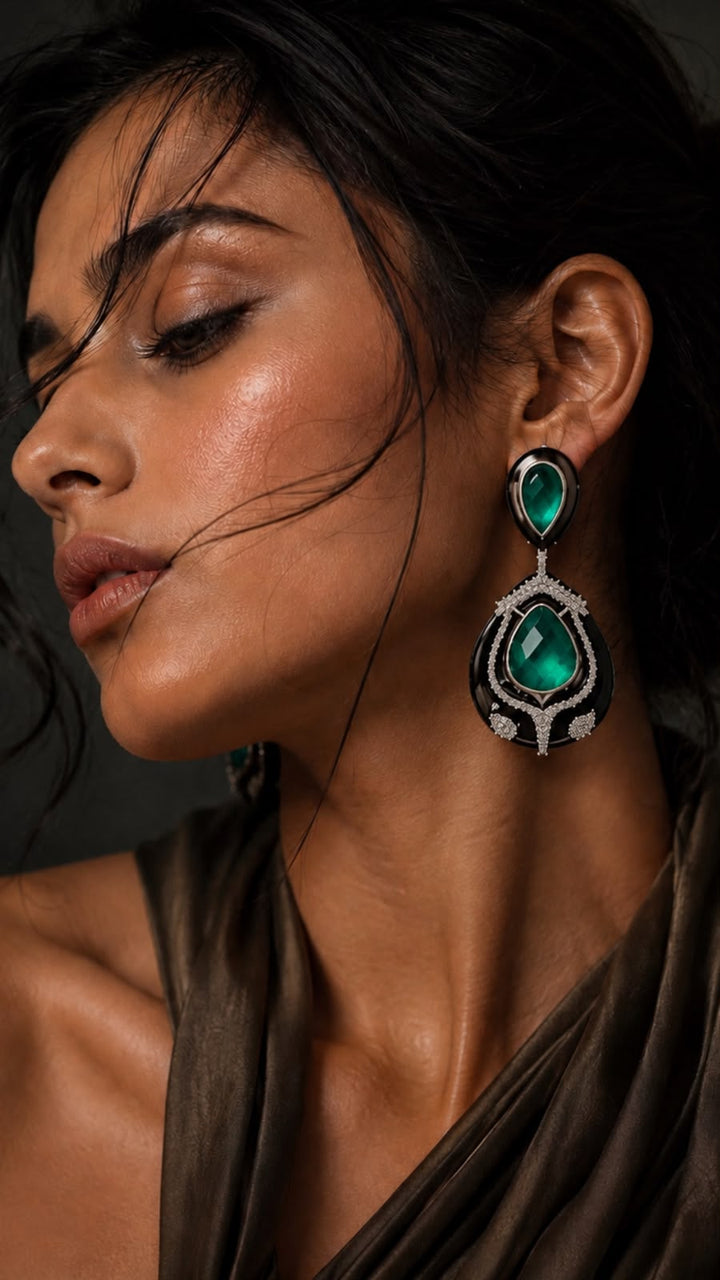 Green Stone Black Enamelled Earring