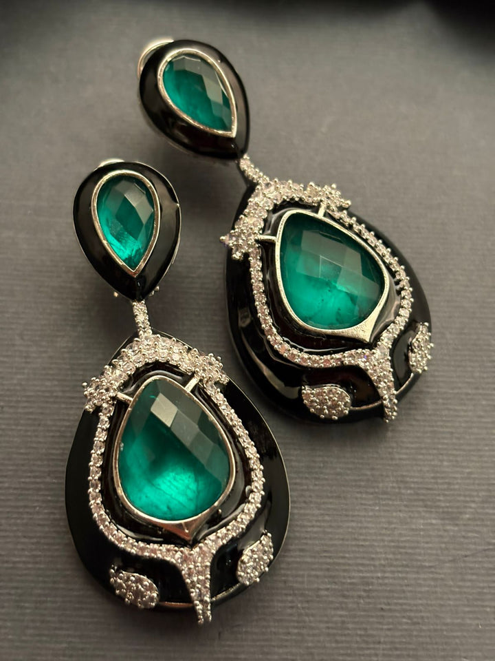 Green Stone Black Enamelled Earring