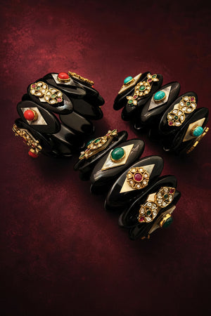 Black acrylic handcuff bracelet with coloured turquoise stones and traditional jadau tikda design for ethnic wear
