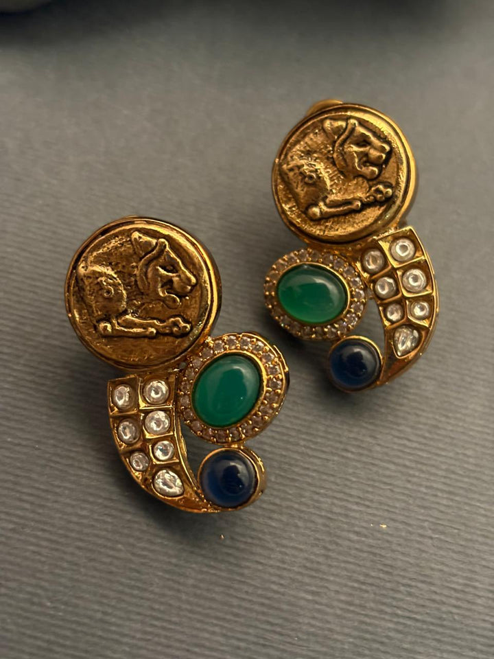 Tiger coin earring with green & blue onyx