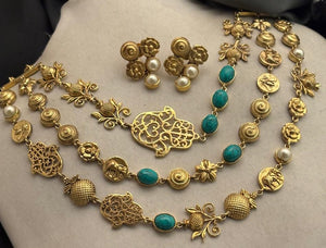 Antique gold layered necklace set with turquoise stones, floral motifs, heritage charms, and matching stud earrings displayed on a jewellery bust