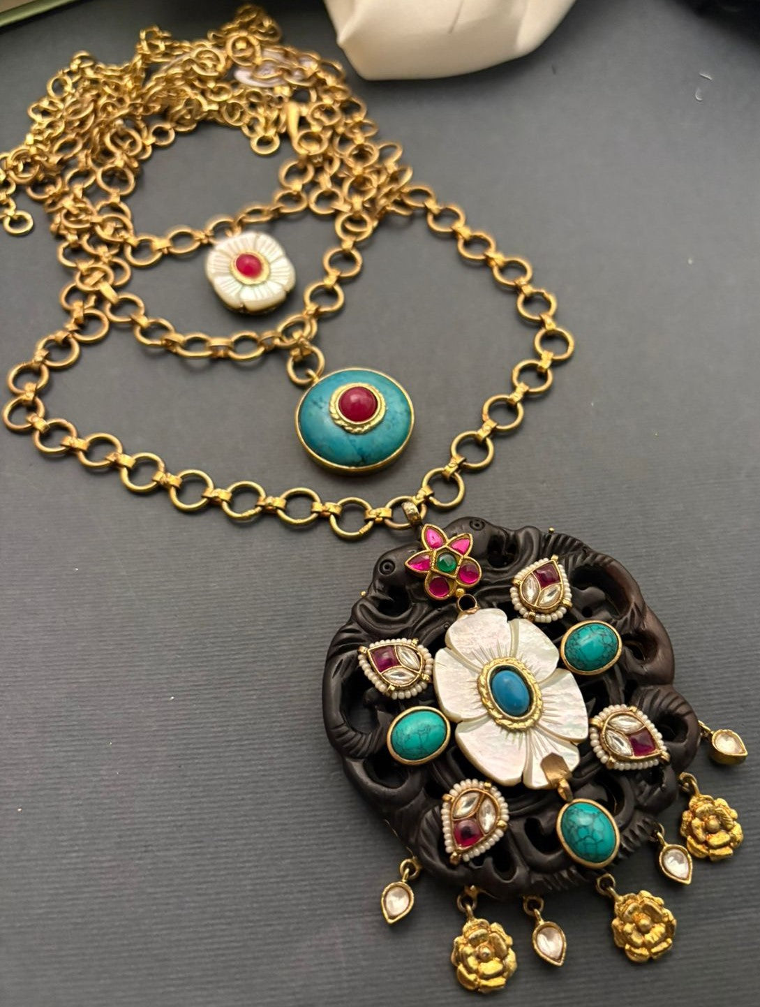 Handcrafted wooden base necklace with mother of pearl floral detailing, turquoise accents, and artistic ethnic statement design 3 sets neckpiece as layers or individually 
