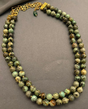 Natural turquoise green beads two line necklace with handcrafted double strand statement jewellery design