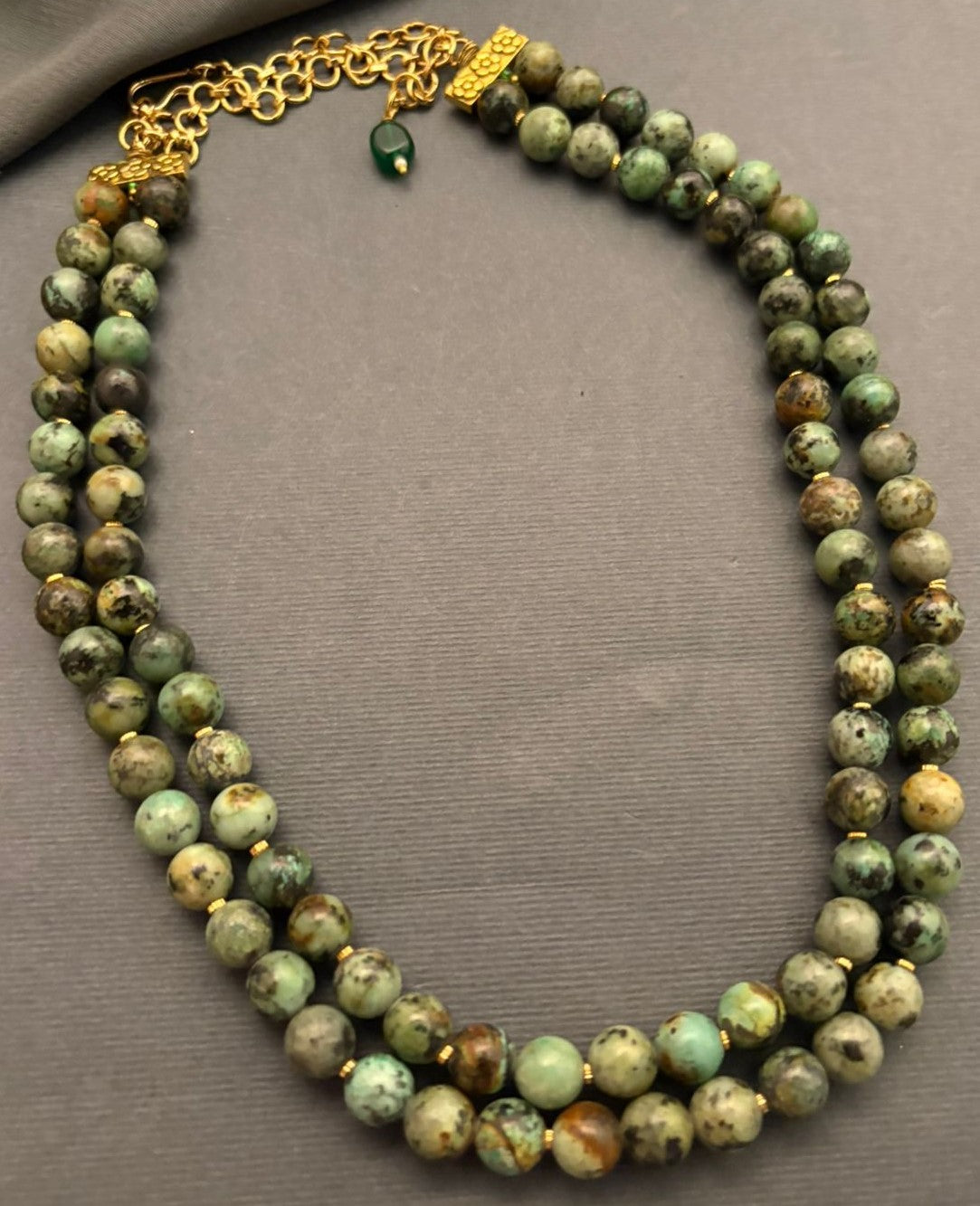 Natural turquoise green beads two line necklace with handcrafted double strand statement jewellery design