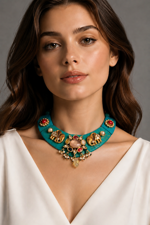 Designer resin necklace with jadau pieces, elephant motifs, kundan detailing, and colourful ethnic stone accents