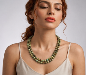 Natural turquoise green beads two line necklace with handcrafted double strand statement jewellery design
