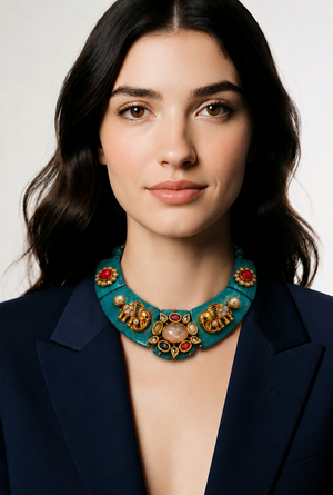 Designer resin necklace with jadau pieces, elephant motifs, kundan detailing, and colourful ethnic stone accents