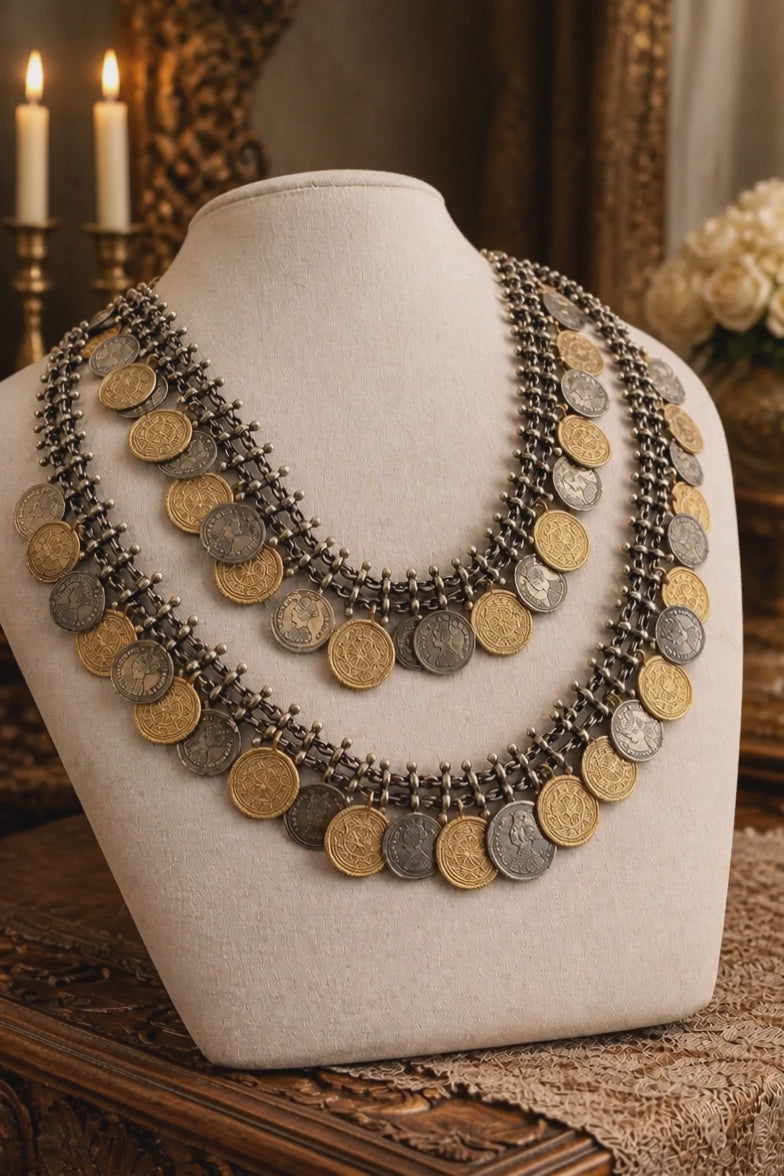 Vintage two tone layered coin necklace with antique metallic detailing and statement ethnic design