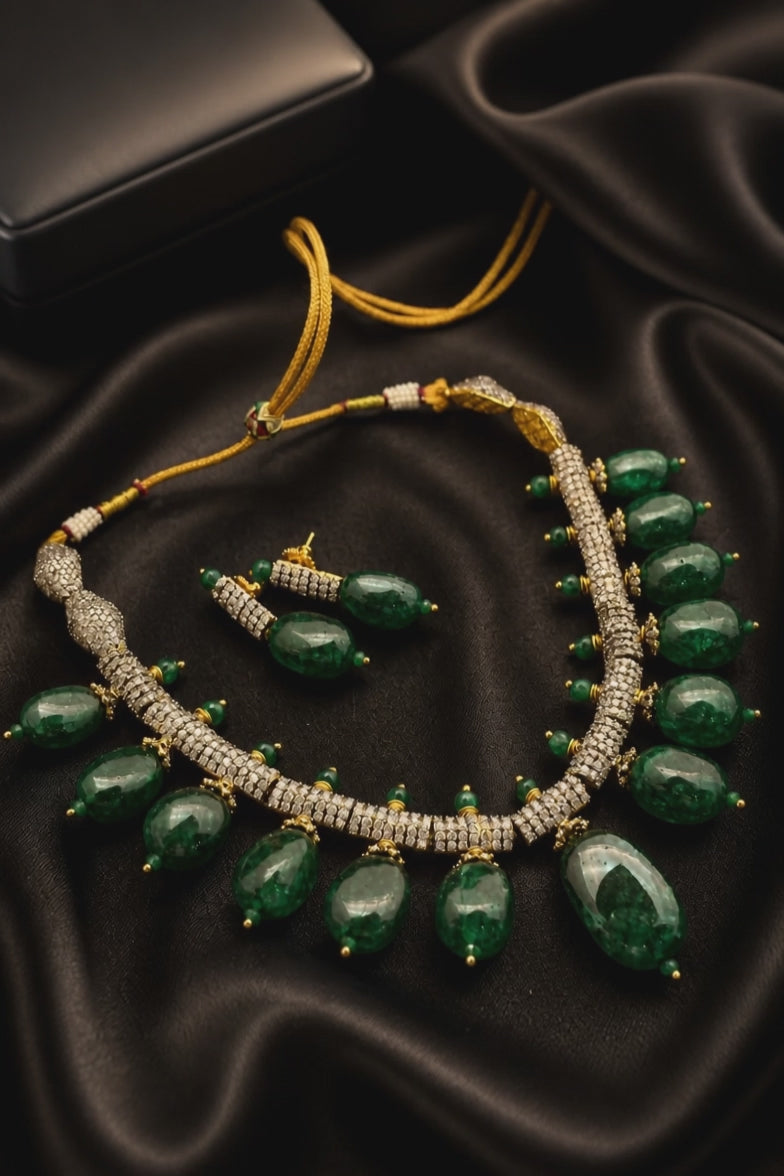 Luxury green tumble stone necklace with sparkling AD detailing and matching earrings in statement ethnic jewellery style