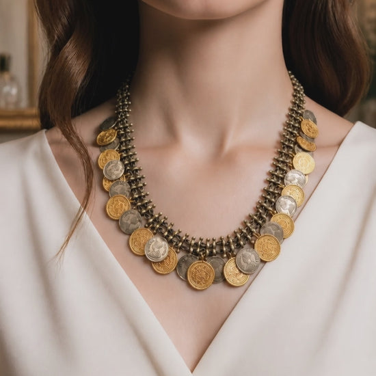 Vintage two tone layered coin necklace with antique metallic detailing and statement ethnic design