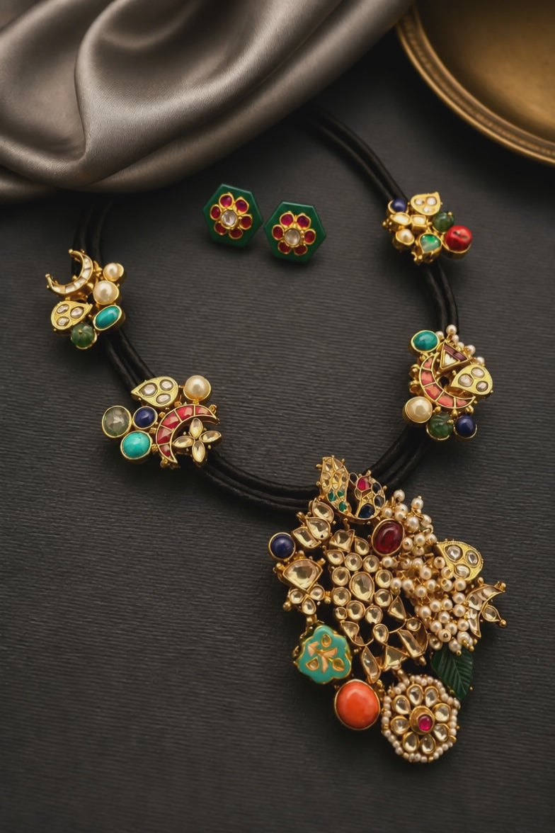 Coloured stone & jadau motif stone in a black cord