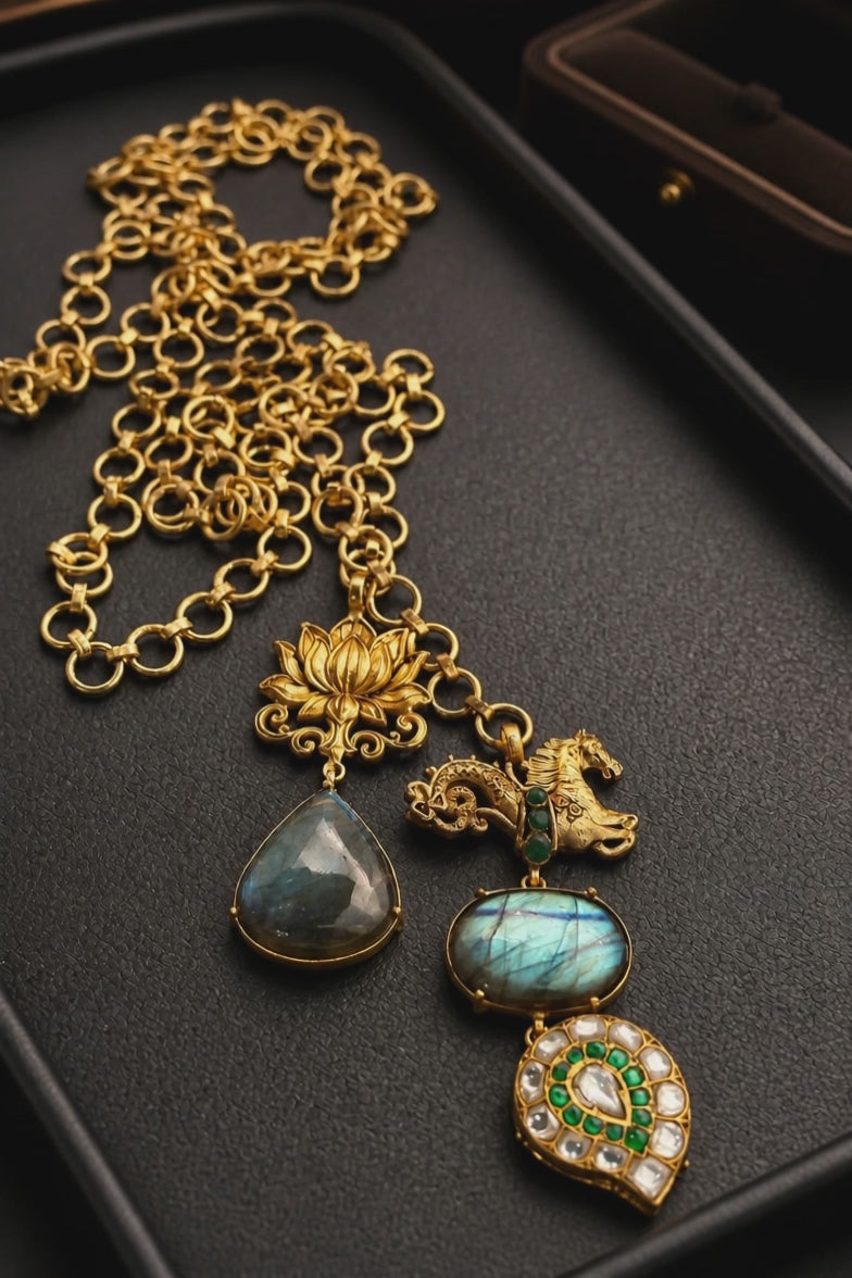 Designer wrap around necklace with labradorite stones and intricate gold motifs in artistic ethnic style