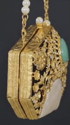 Handcrafted mother of pearl filigree bag with amazonite