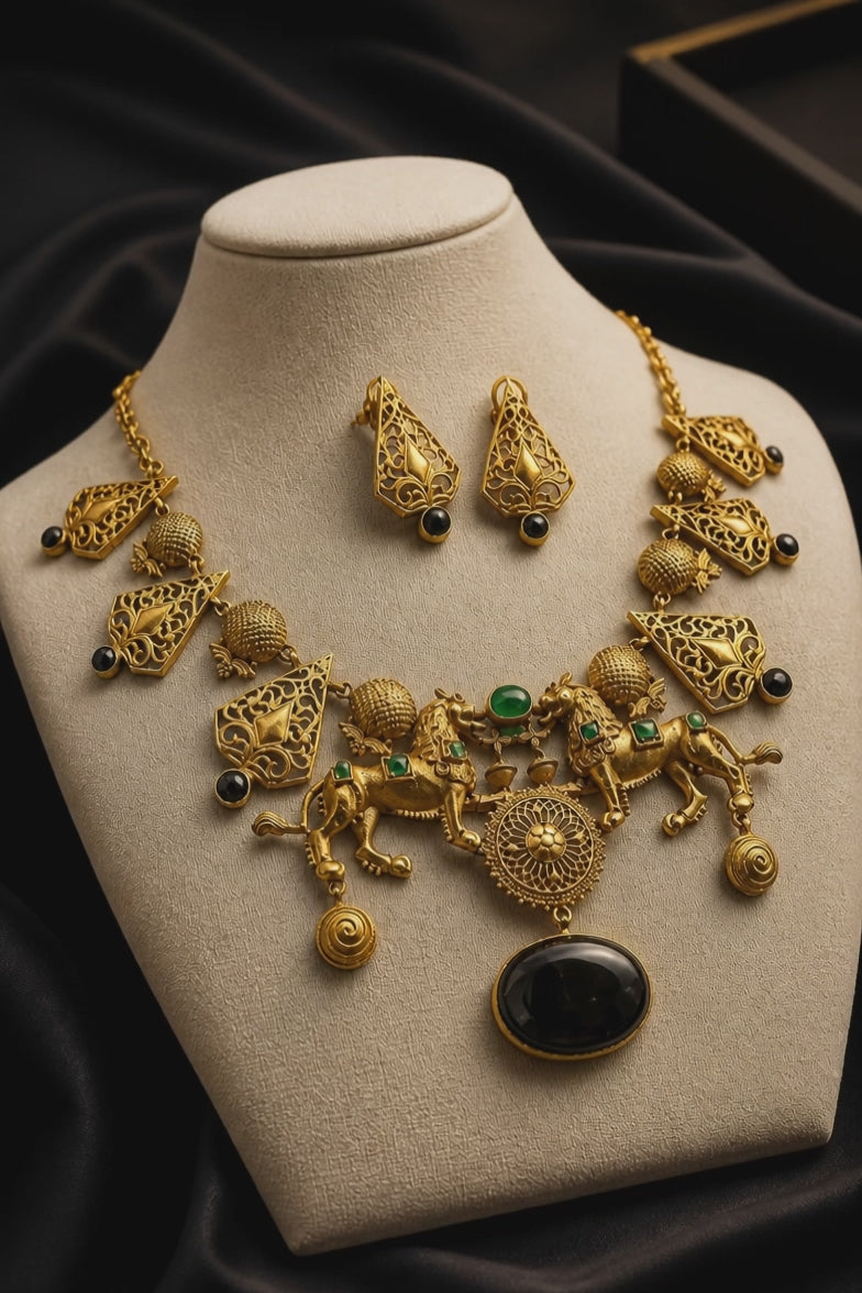 Antique gold lion motif statement necklace with black onyx stone pendant, intricate filigree detailing, and matching designer earrings on a black background