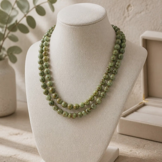 Natural turquoise green beads two line necklace with handcrafted double strand statement jewellery design