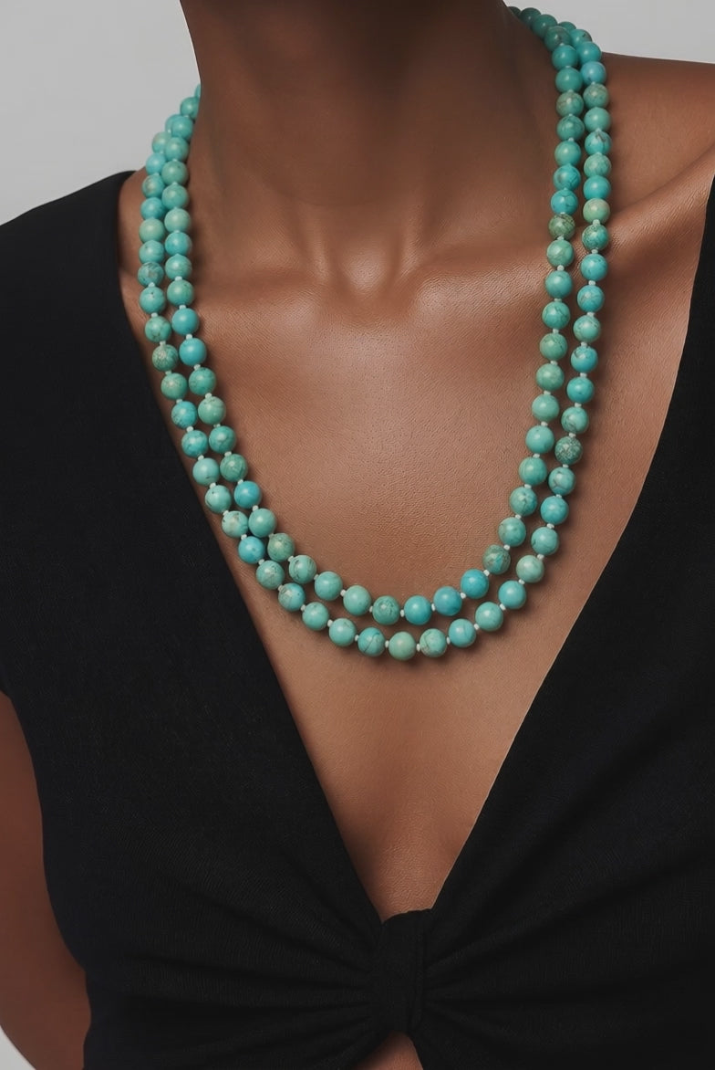 Elegant two line necklace with natural turquoise beads and handcrafted statement jewellery design