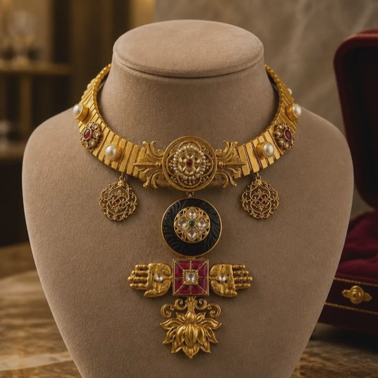 Designer gold necklace with kundan detailing, wooden accents, and traditional statement pendant design