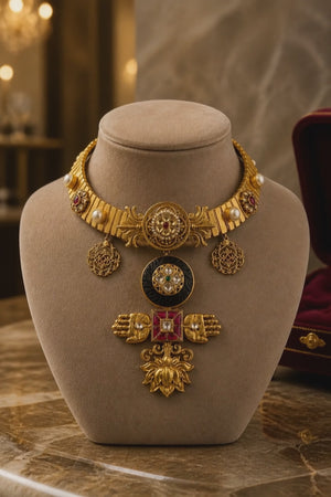 Designer gold necklace with kundan detailing, wooden accents, and traditional statement pendant design