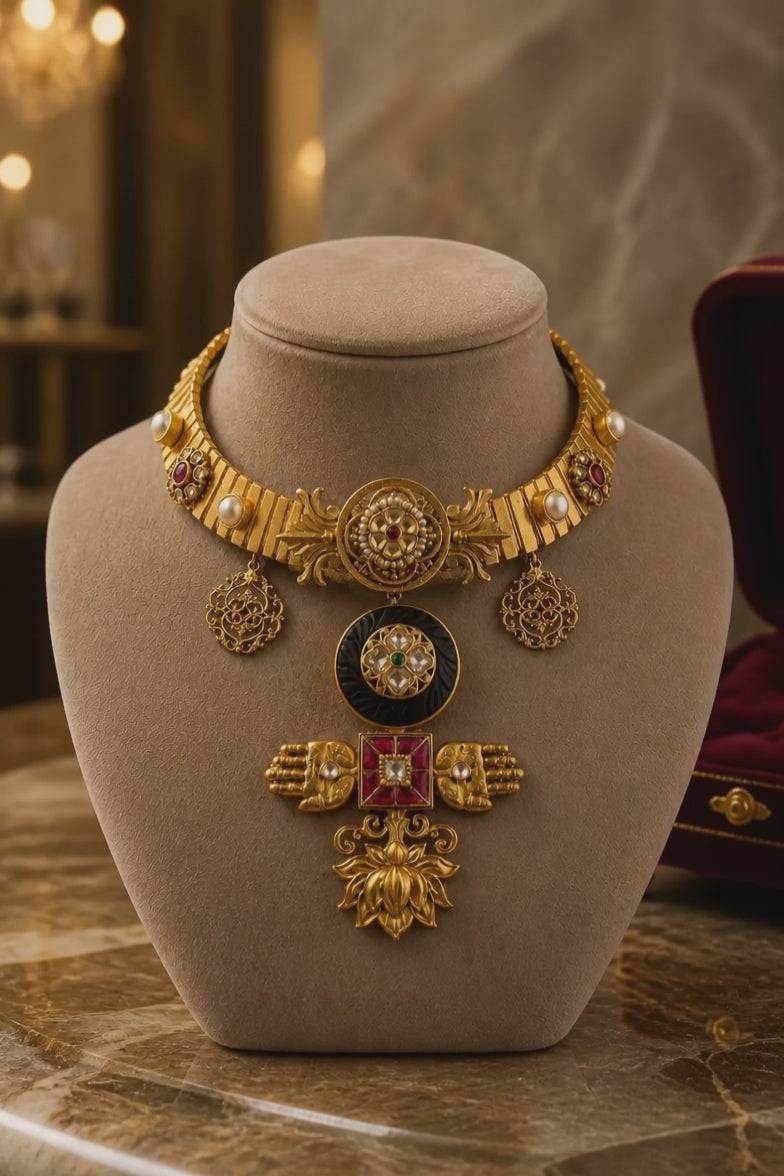 Designer gold necklace with kundan detailing, wooden accents, and traditional statement pendant design
