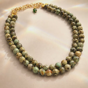 Natural turquoise green beads two line necklace with handcrafted double strand statement jewellery design