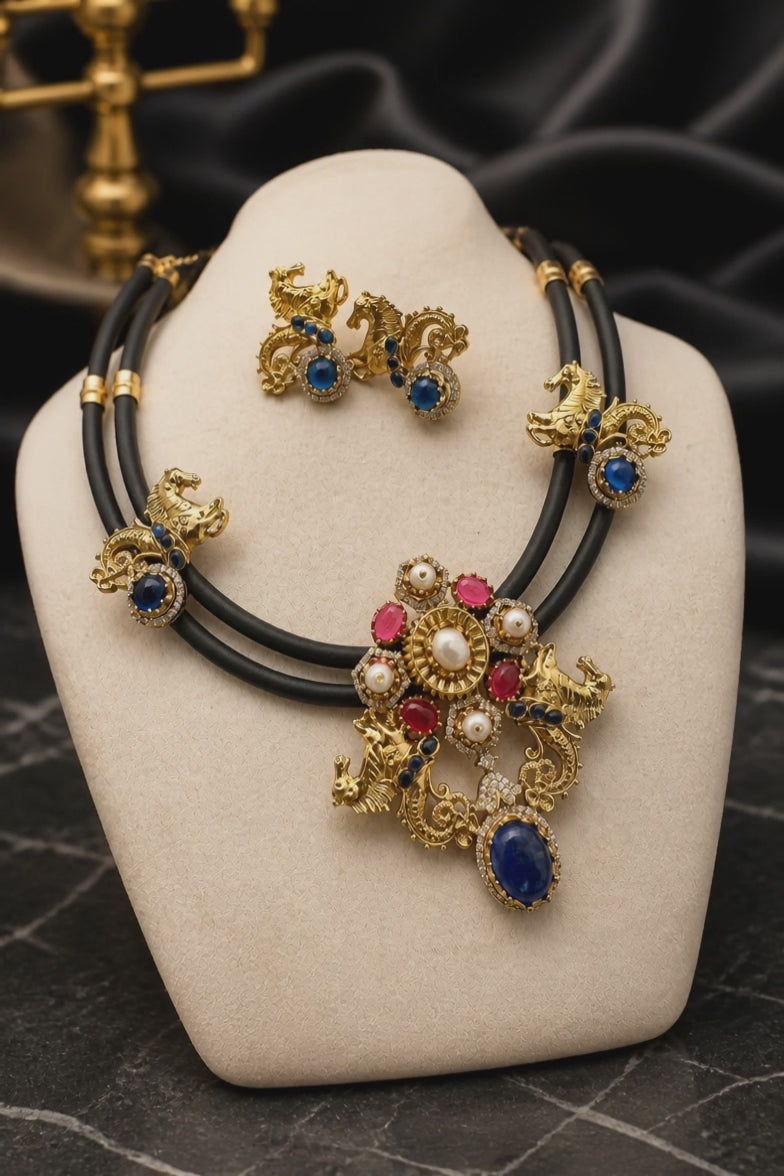 Antique gold horse motif necklace on black cord with blue and pink stones, pearl detailing, and matching designer earrings displayed on a jewellery bust