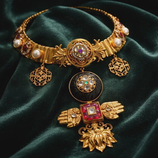 Designer gold necklace with kundan detailing, wooden accents, and traditional statement pendant design