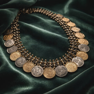 Vintage two tone layered coin necklace with antique metallic detailing and statement ethnic design