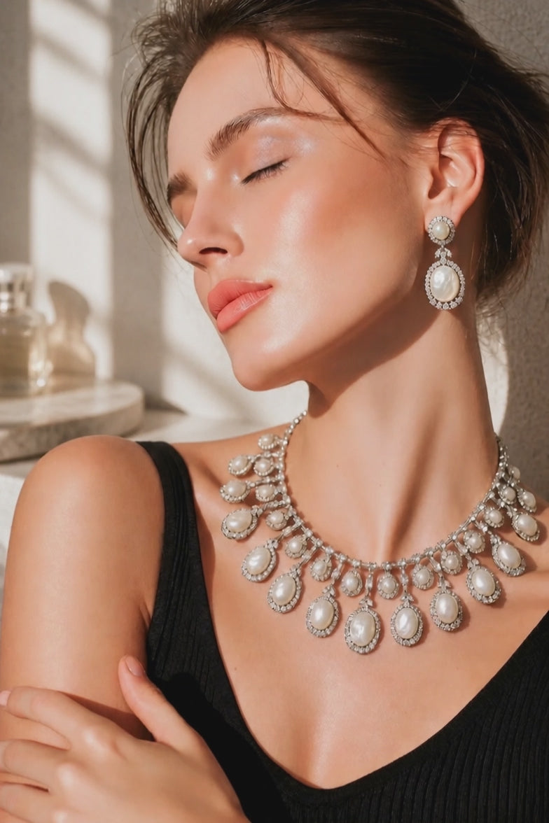 Luxury mother of pearl necklace with sparkling AD detailing and matching earrings in elegant statement jewellery style