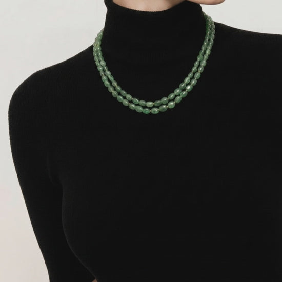Elegant green beads two-line necklace with handcrafted double strand ethnic statement design