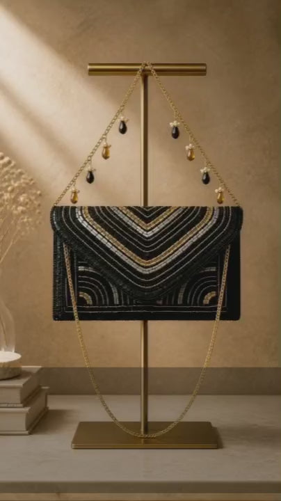 Luxury black beadwork bag with gold sequin embroidery and elegant chain sling design for evening and party wear