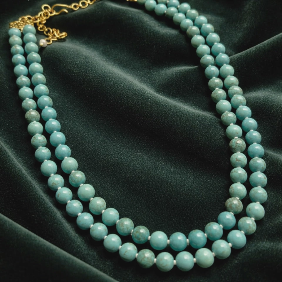 Elegant two line necklace with natural turquoise beads and handcrafted statement jewellery design