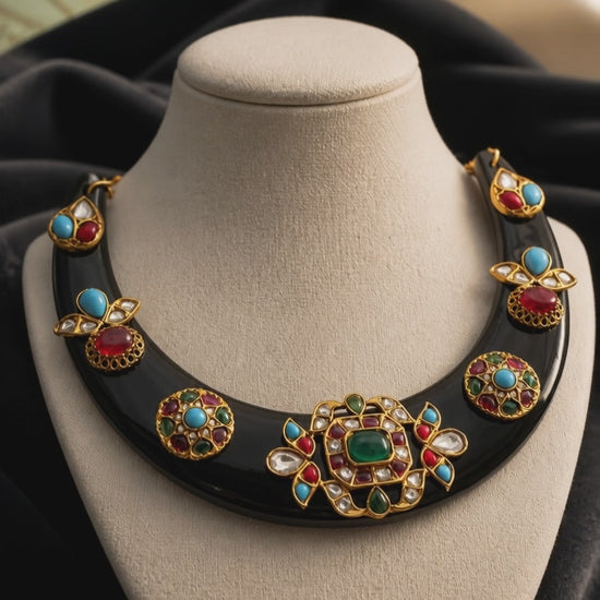 Designer acrylic necklace with colourful jadau pieces and traditional ethnic detailing in statement jewellery style