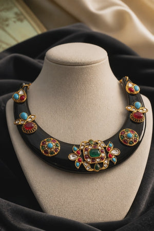Designer acrylic necklace with colourful jadau pieces and traditional ethnic detailing in statement jewellery style