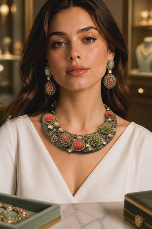 Handcrafted resin necklace with coloured stones, kundan detailing, floral accents, and matching earrings in ethnic statement jewellery style