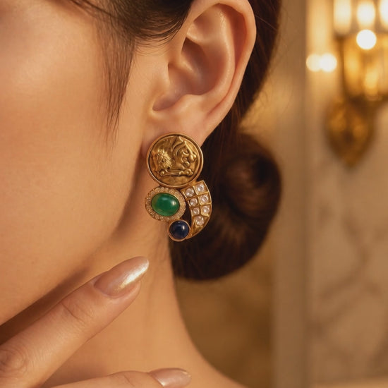 Tiger coin earring with green & black onyx