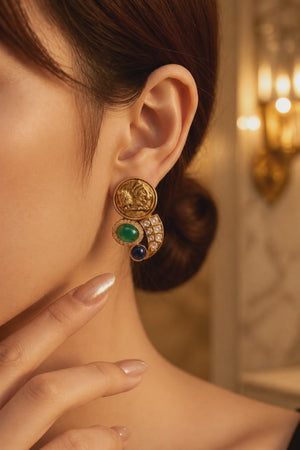 Tiger coin earring with green & black onyx