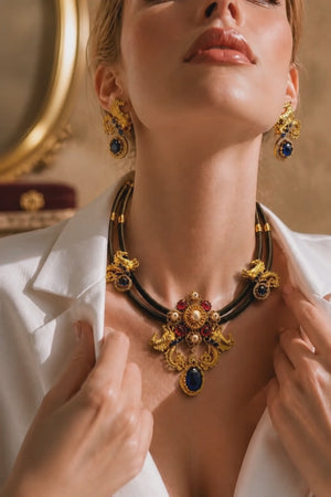 Antique gold horse motif necklace on black cord with blue and pink stones, pearl detailing, and matching designer earrings displayed on a jewellery bust