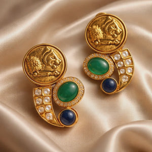 Tiger coin earring with green & black onyx