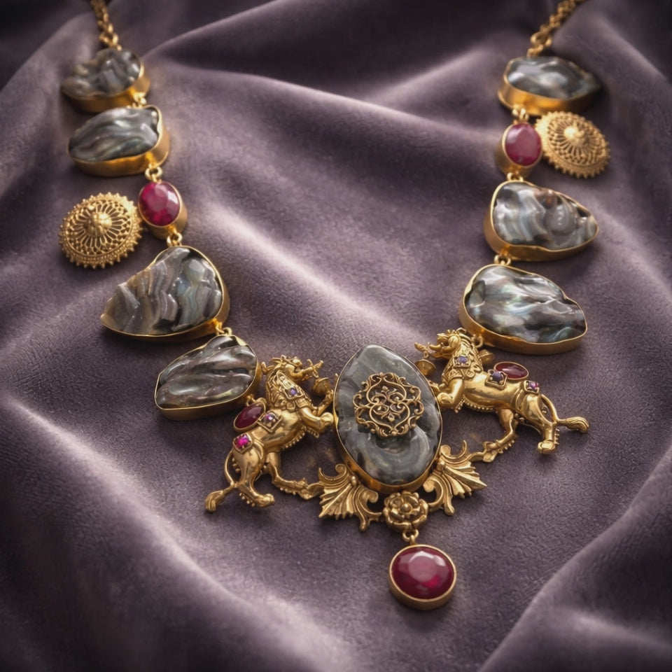 Luxury lion motif necklace with natural agate stones, ruby accents, and intricate handcrafted ethnic detailing
