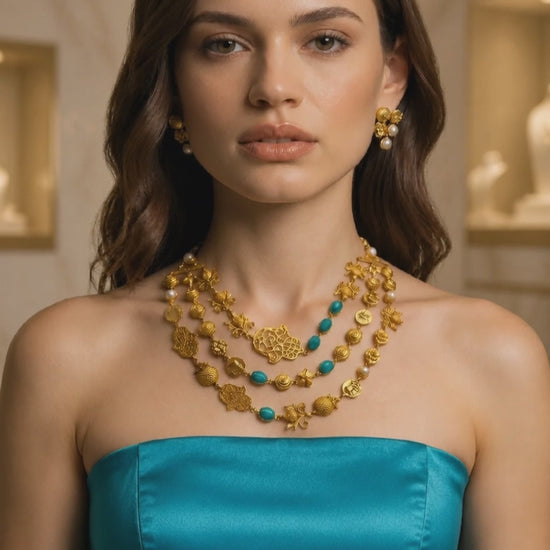 Antique gold layered necklace set with turquoise stones, floral motifs, heritage charms, and matching stud earrings displayed on a jewellery bust