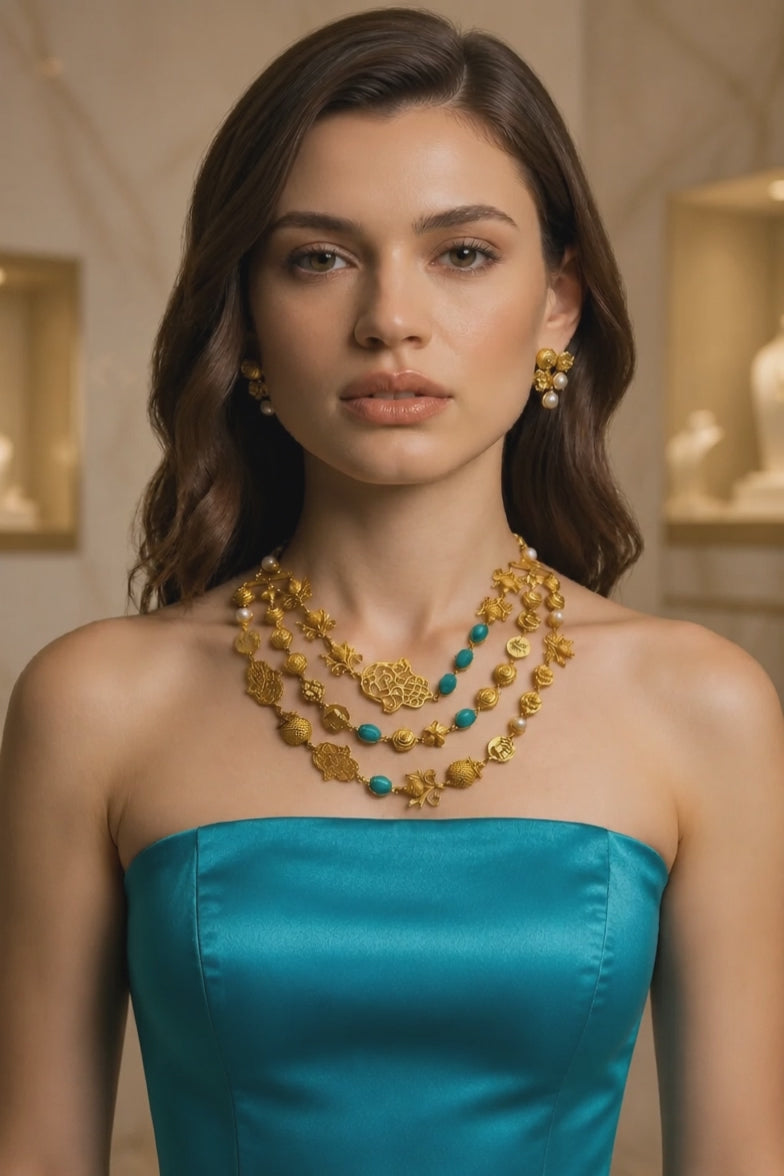 Antique gold layered necklace set with turquoise stones, floral motifs, heritage charms, and matching stud earrings displayed on a jewellery bust